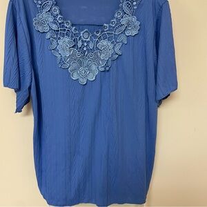 Vibrant Blue Short Sleeve Blouse with Embellished Floral Neckline